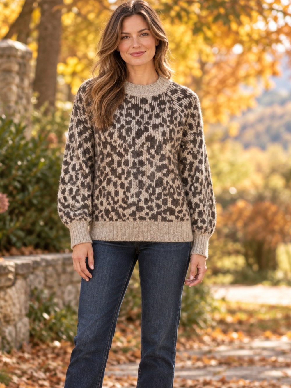 Brown Beige Leopard Print Knit Sweater Women’s Medium Cozy Pullover